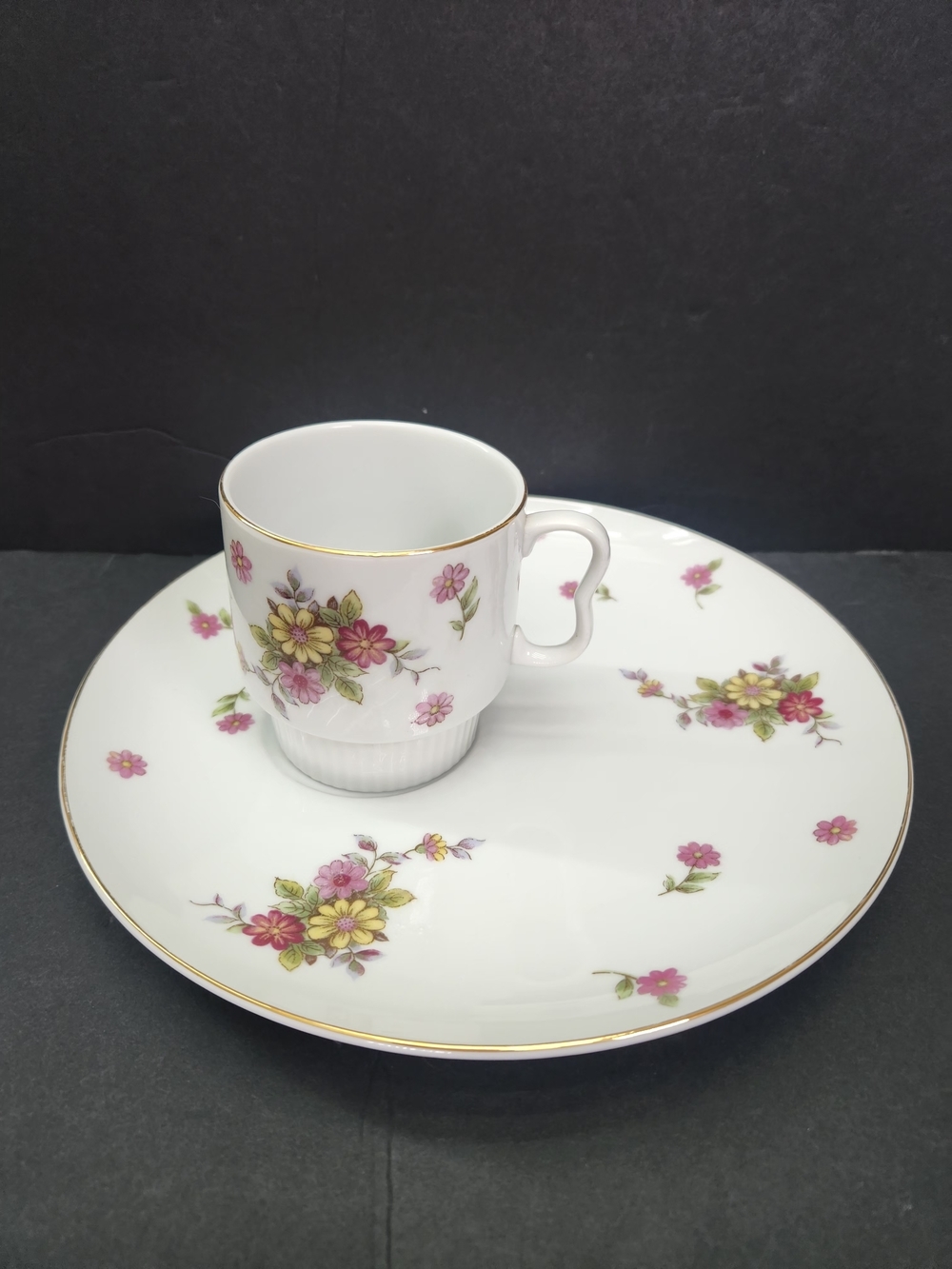 Vintage Fine White Porcelain Floral Cup and Snack Plate - Pink and Yellow